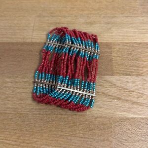 Seed bead layered multi strand stretch wide bracelet red blue gold